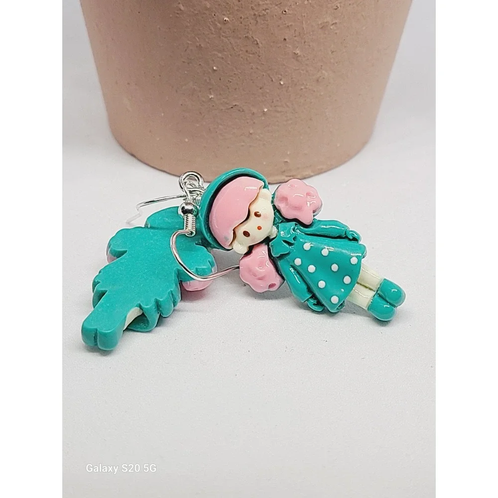Handmade Teal Pink Doll Girl Drop Earrings Polka Dot‎ Dress Resin Jewelry
